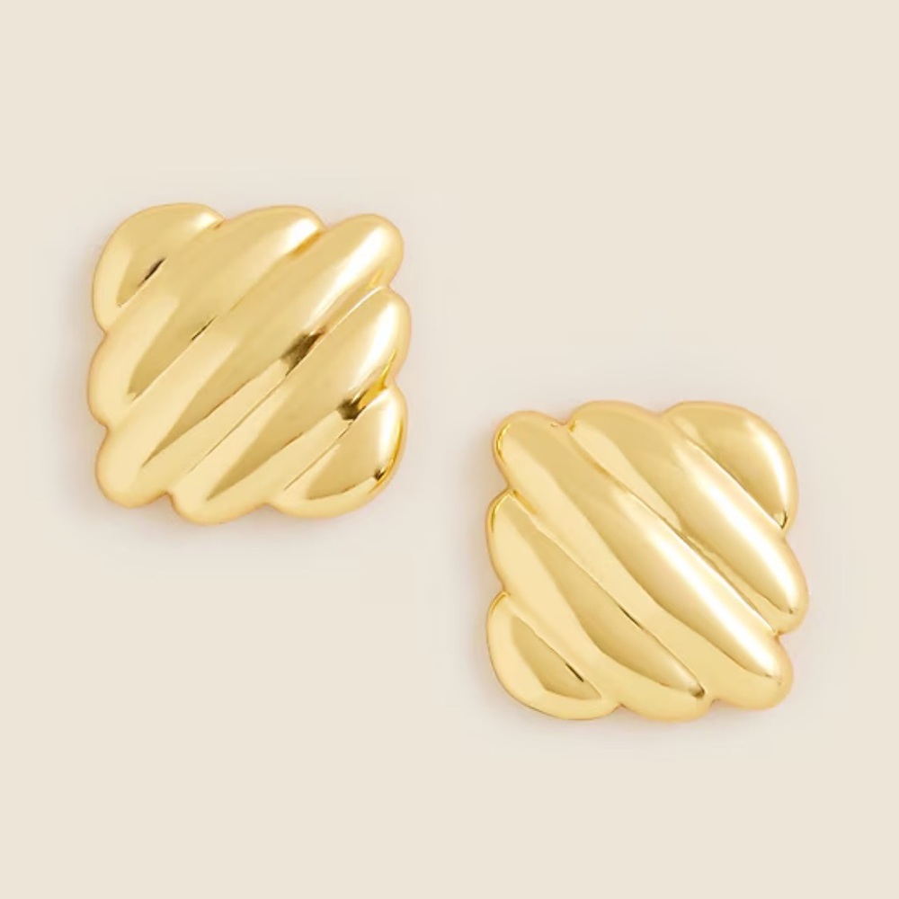 J. Crew Gold Ridged Square Scalloped Retro Stud Statement Earrings w/ Pouch NEW